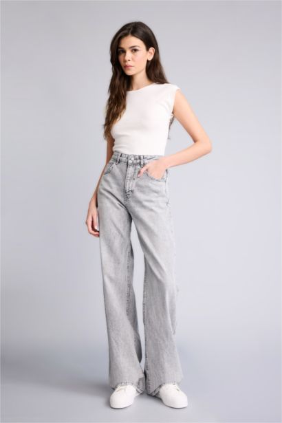 %100 Pamuk Straıght Wıde Yüksek Bel Jean Pantolon