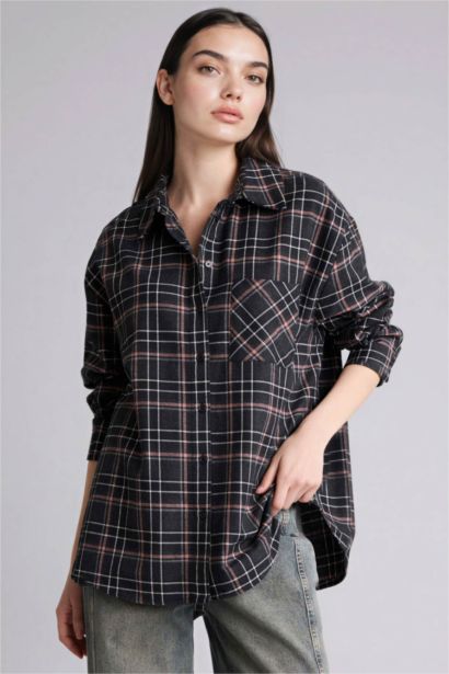 Oversize Fit Shirt Collar Flanel Plaid Long Sleeve Shirt