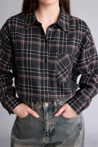 Oversize Fit Shirt Collar Flanel Plaid Long Sleeve Shirt