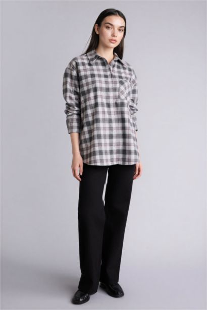 Oversize Fit Shirt Collar Flanel Plaid Long Sleeve Shirt