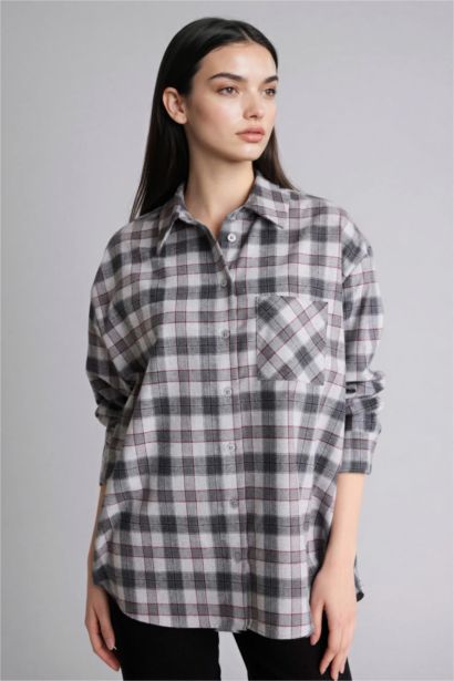 Oversize Fit Shirt Collar Flanel Plaid Long Sleeve Shirt