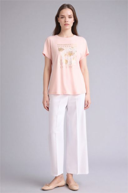 تيشيرت نص كم فلورال وياقة مستديرة