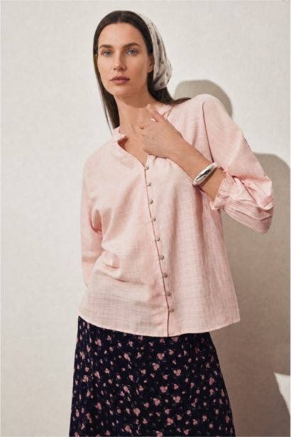 Ruffle Detail V-Neck Long Sleeve Shirt