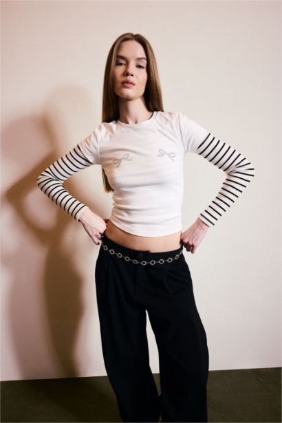 Fitted Crew Neck Printed Ribbed T-Shirt