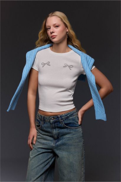 Fitted Crew Neck Printed Ribbed T-Shirt