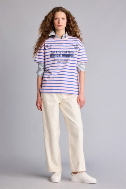 Oversıze Bisiklet Yaka Baskılı Kısa Kollu Tişört