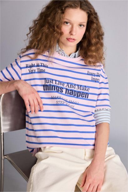 Oversıze Bisiklet Yaka Baskılı Kısa Kollu Tişört