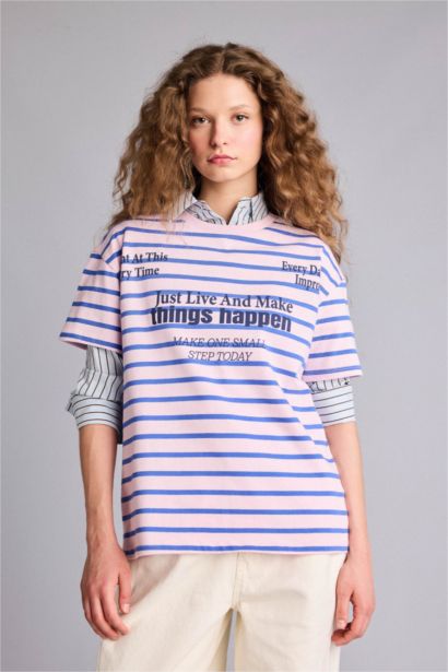 Oversıze Bisiklet Yaka Baskılı Kısa Kollu Tişört