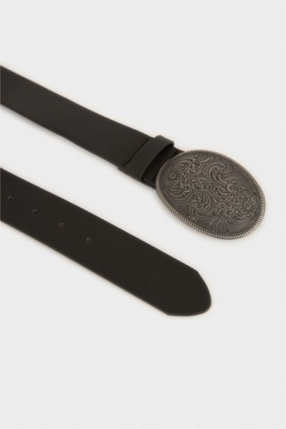 Man Oval Buckle Faux Leather Jean Belt