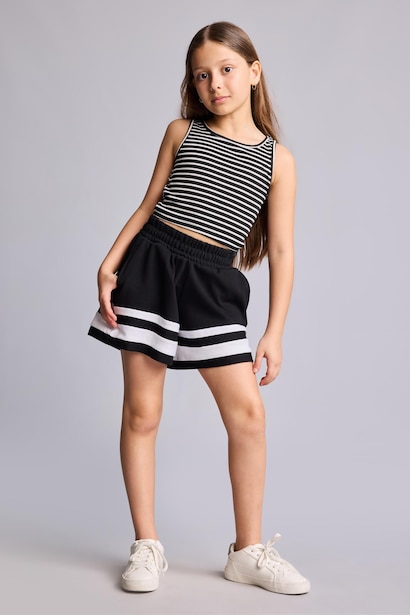 Girl Elastic Waist Striped Black Shorts