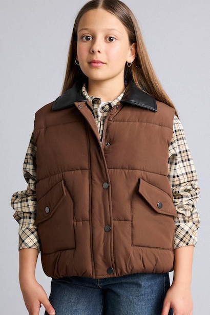 Gilet matelassé en similicuir déperlant à fermeture zip et boutons-pression pour fille
