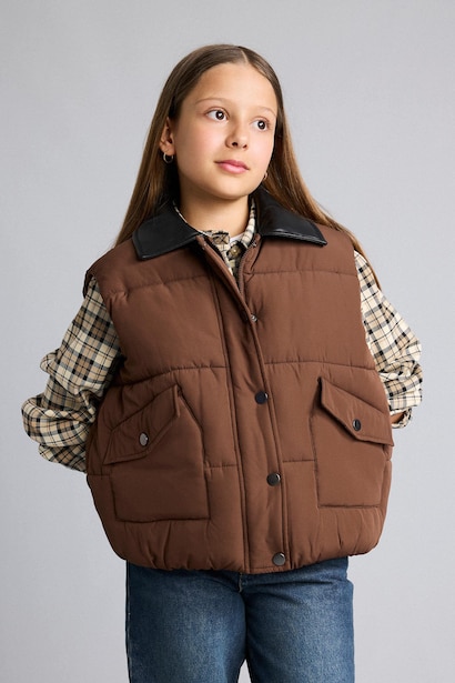 Gilet matelassé en similicuir déperlant à fermeture zip et boutons-pression pour fille