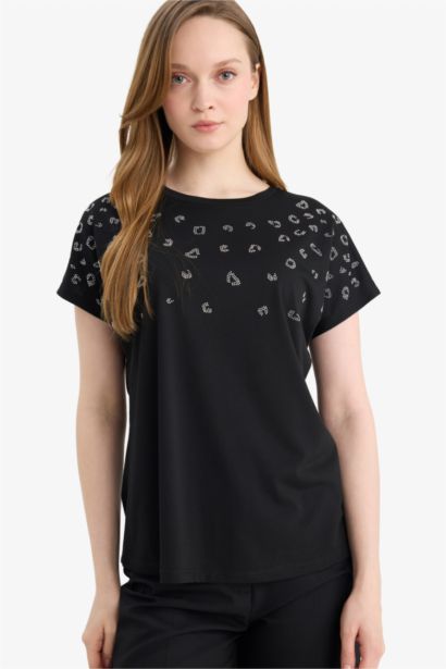 Crew Neck Stone Print Short Sleeve T-Shirt