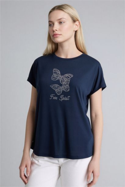 تيشيرت نص كم بياقة مستديرة مطبوع