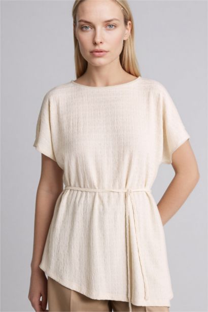 Asymmetrical Boat Neck Crinkle T-Shirt