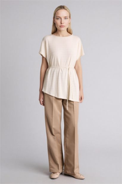 Asymmetrical Boat Neck Crinkle T-Shirt