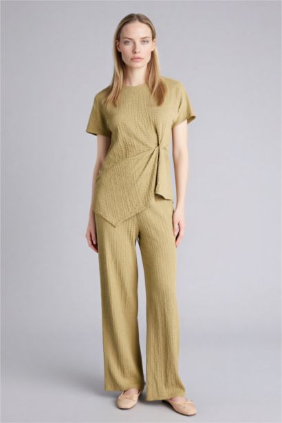 Asymmetric Boat Neck Crinkle T-Shirt