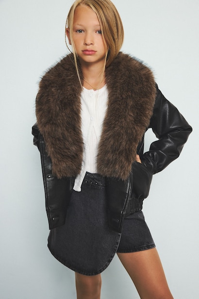 Girl Faux Leather Faux Fur V Neck Jacket