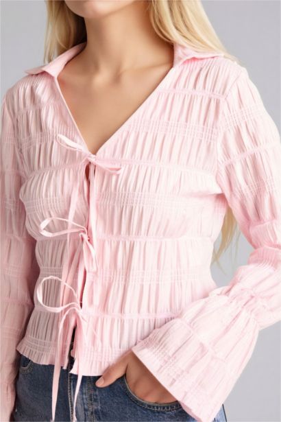 بلوزة كم طويل قصة عادية بياقة قميص