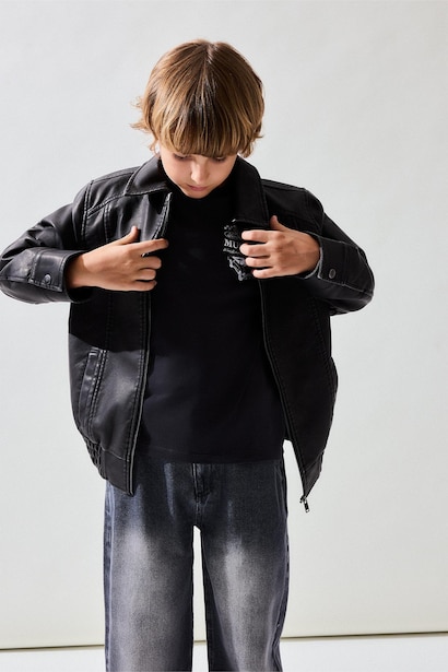 Boy Polo Collar Taffeta Faux Leather Jacket