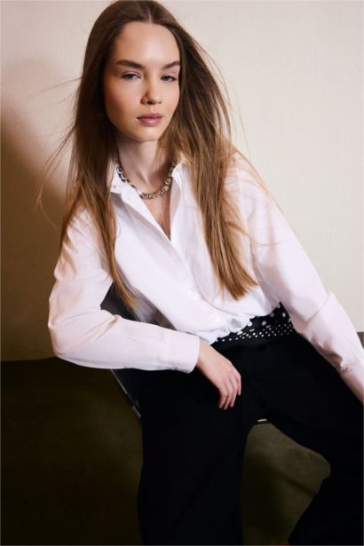 Balloon Fit Shirt Collar Poplin Long Sleeve Shirt