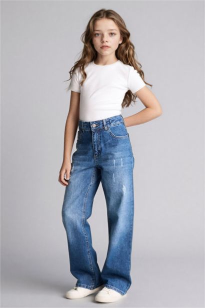 بنطرون جينز بناتي وايد ليج قصة مستقيمة واسعة