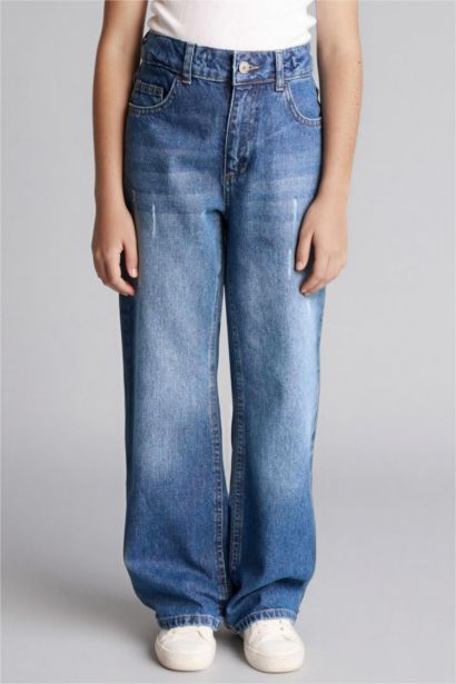 بنطرون جينز بناتي وايد ليج قصة مستقيمة واسعة