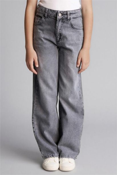 بنطرون جينز بناتي وايد ليج قصة مستقيمة واسعة