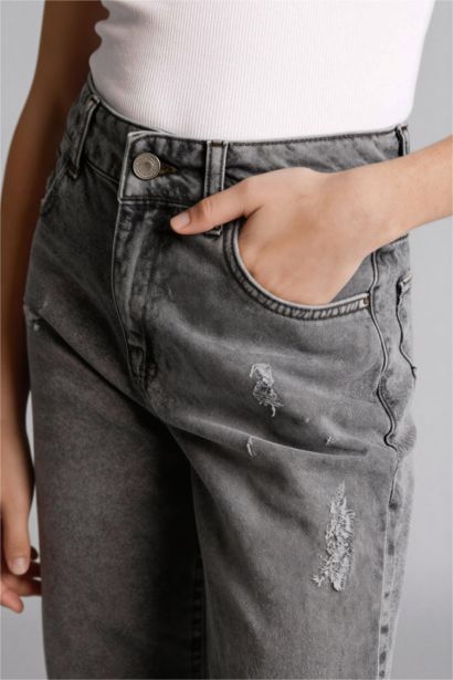 بنطرون جينز بناتي وايد ليج قصة مستقيمة واسعة