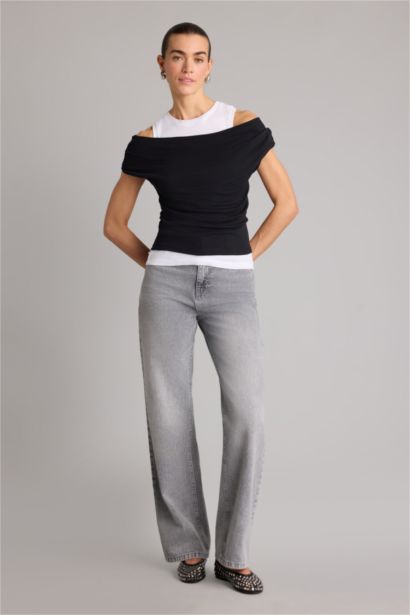 Slım Fıt Tek Omuzlu Ribana Kısa Kollu Tişört