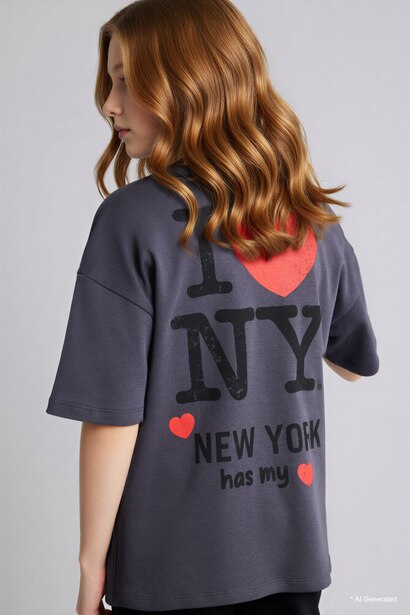 %100 Pamuk I Love NY Oversıze Tişört Kız Çocuk
