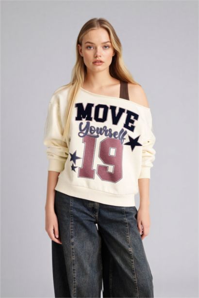 Oversıze Kayık Yaka Baskılı Sweatshirt