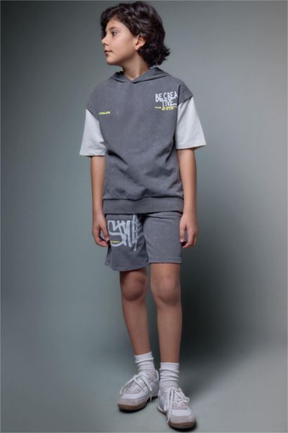 Oversıze Slogan Baskılı Sweatshirt Kumaşı Şort Erkek Çocuk