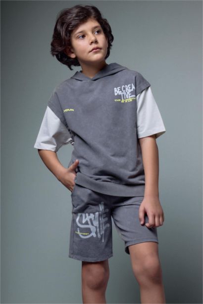 Oversıze Slogan Baskılı Sweatshirt Kumaşı Şort Erkek Çocuk