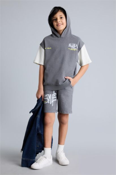 Oversıze Slogan Baskılı Sweatshirt Kumaşı Şort Erkek Çocuk