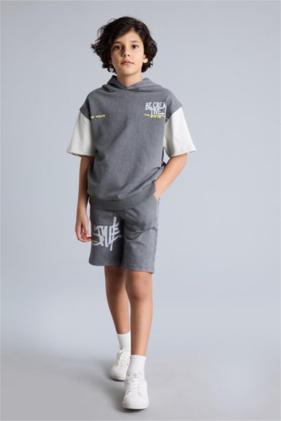 Oversıze Slogan Baskılı Sweatshirt Kumaşı Şort Erkek Çocuk