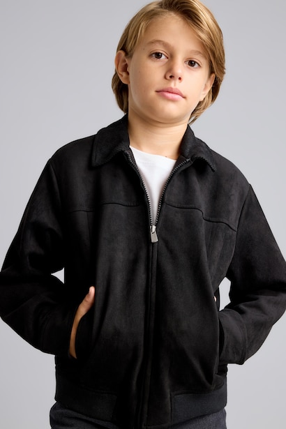 Boy Water-Repellent Contrast Collar Zip-Up Suede Jacket