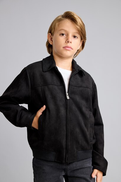 Boy Water-Repellent Contrast Collar Zip-Up Suede Jacket