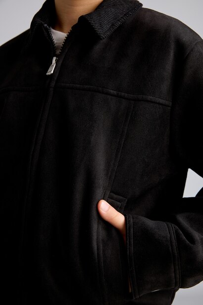 Boy Water-Repellent Contrast Collar Zip-Up Suede Jacket