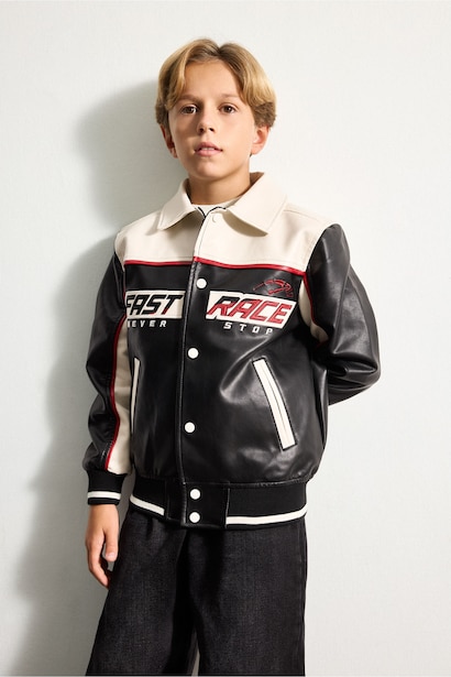 Boy Oversize Windproof Faux Leather Jacket
