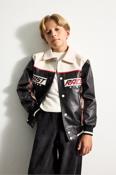 Boy Oversize Windproof Faux Leather Jacket