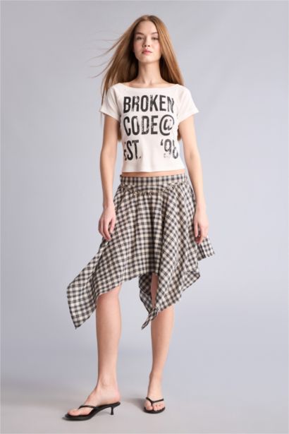 Jupe midi en coton à carreaux asymétriques taille normale