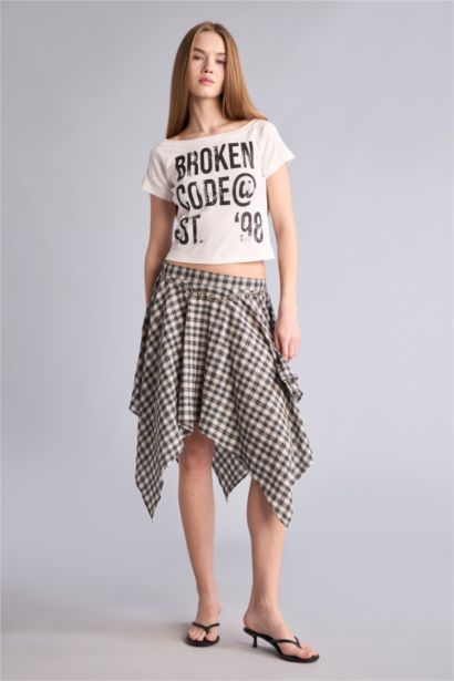 Jupe midi en coton à carreaux asymétriques taille normale