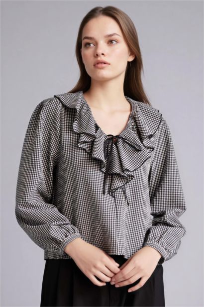 Regular Fit V-Neck Plaid Long Sleeve Blouse