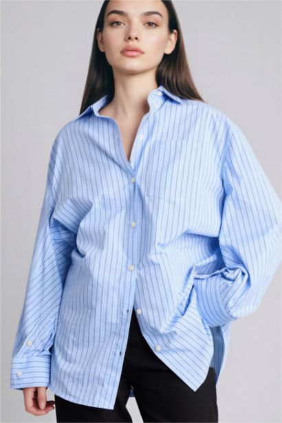 Oversize Fit Shirt Collar Poplin Striped Long Sleeve Shirt