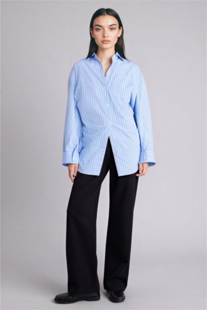 Oversize Fit Shirt Collar Poplin Striped Long Sleeve Shirt