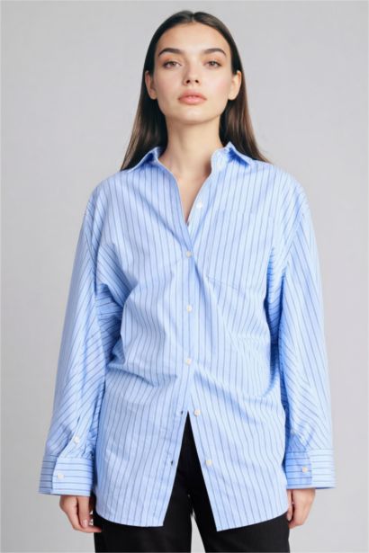 Oversize Fit Shirt Collar Poplin Striped Long Sleeve Shirt