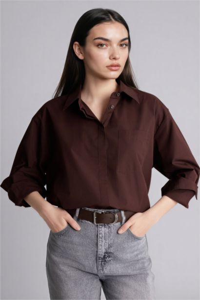 Oversize Fit Shirt Collar Poplin Long Sleeve Shirt
