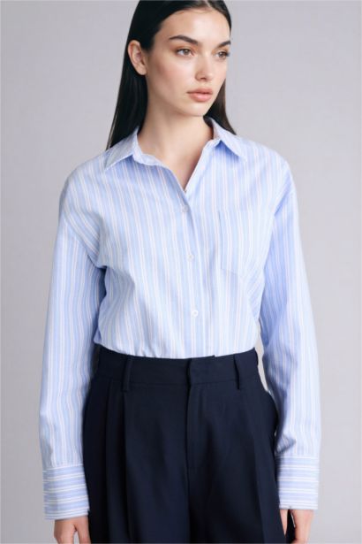 Oversize Fit Shirt Collar Oxford Striped Long Sleeve Shirt
