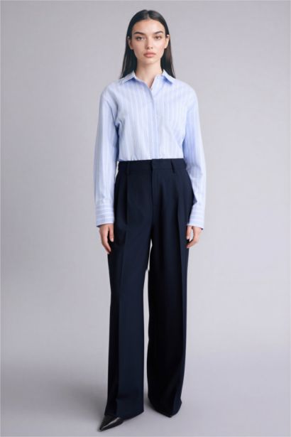 Oversize Fit Shirt Collar Oxford Striped Long Sleeve Shirt